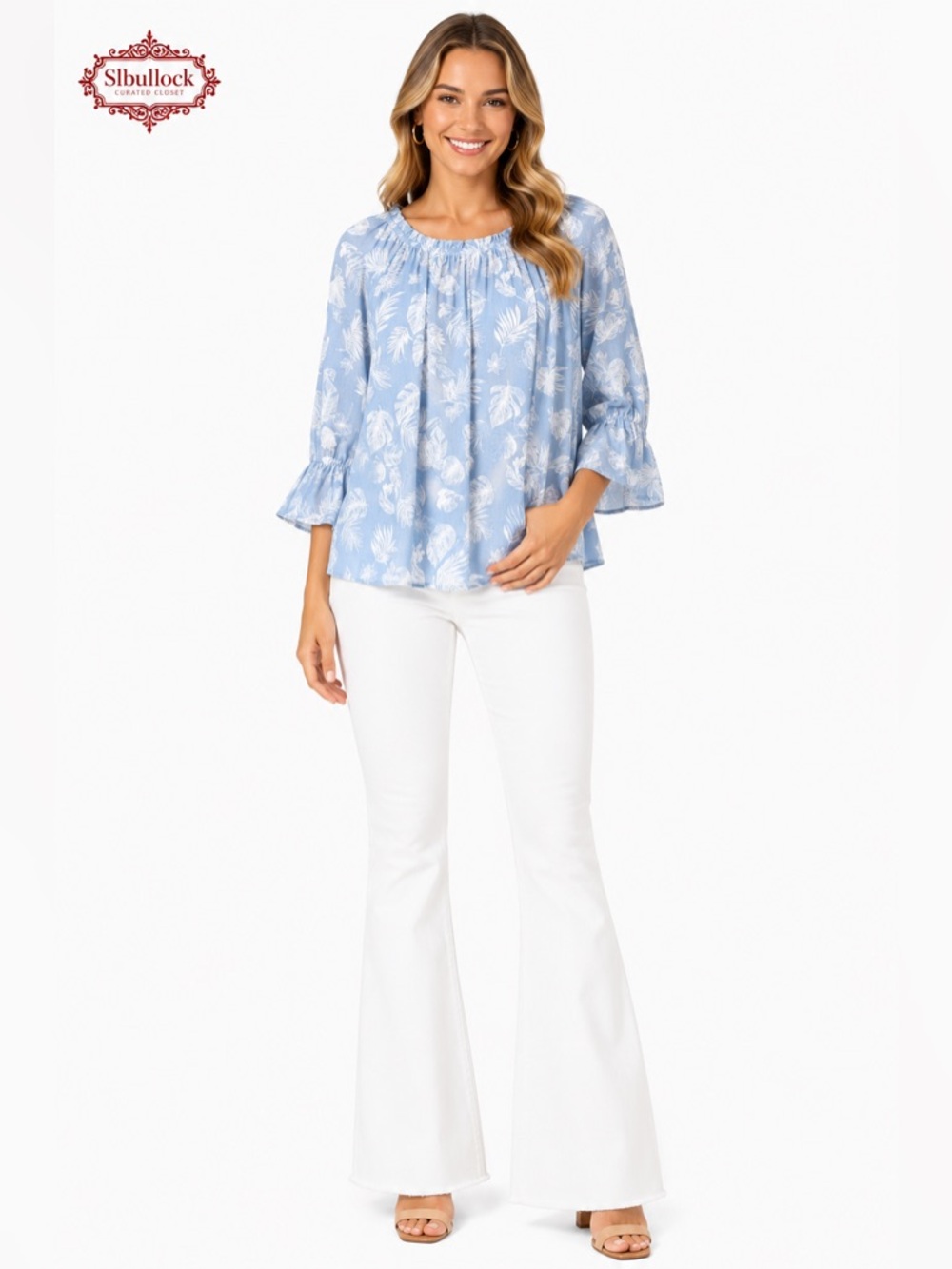 B4 Late August Size Medium Blue Tropical Print Off Shoulder Ruffle Sleeve Blouse